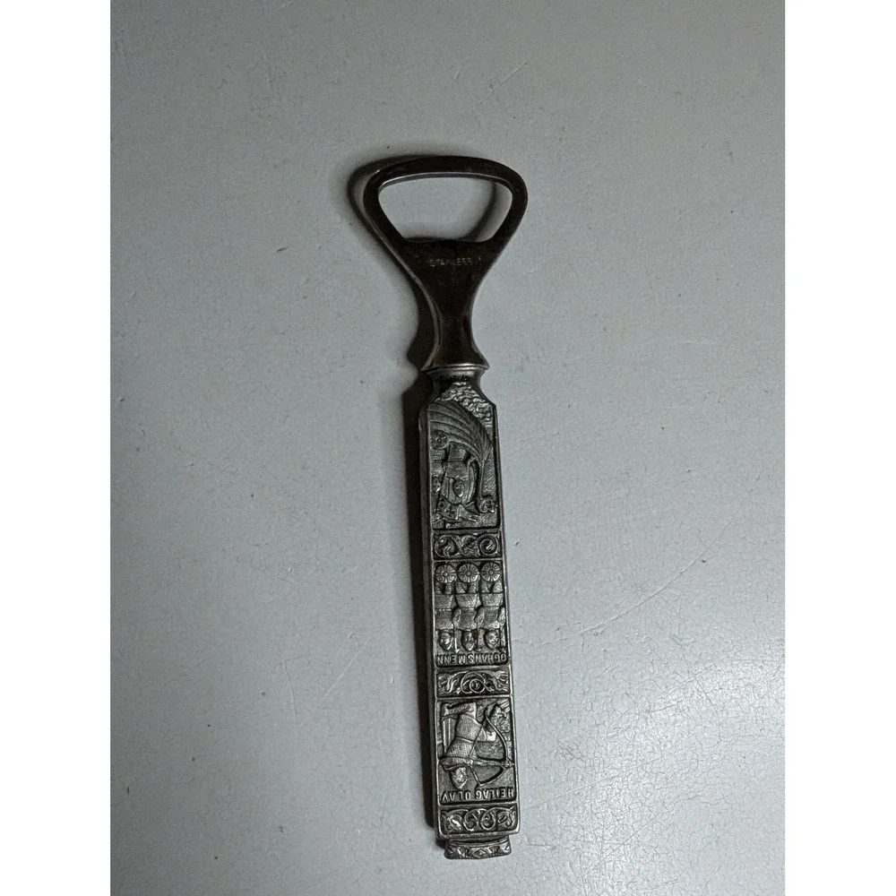Vintage Heilag Olav Norwegian Pewter Bottle Opener Saint Olaf Viking Barware